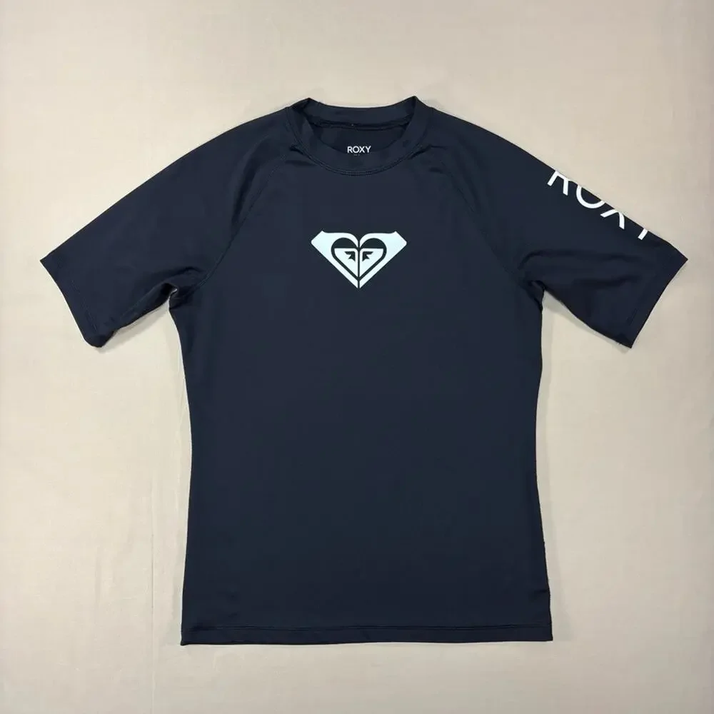 Roxy Whole Hearted Black Rashguard Short Sleeve with White Logo Girls Size XL 14